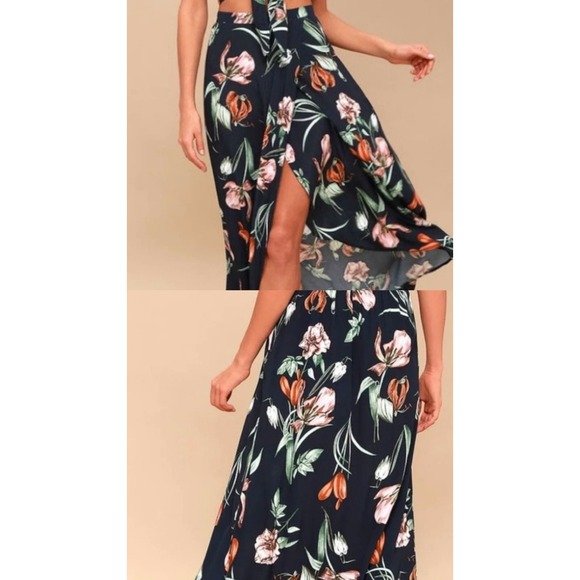 Lulus Dresses & Skirts - Lulus Navy Blue Floral Maxi Skirt High Waisted Tulip Slit M